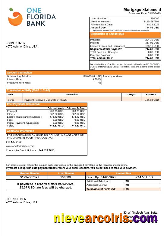 USA One Florida bank mortgage statement